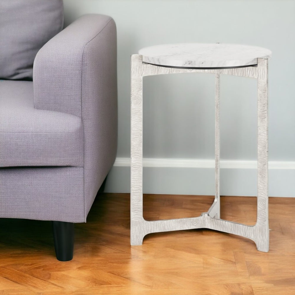 HomeRoots 25" Elegant White Marble Round End Table with Silver Aluminum Cross Legs - Modern Accent Piece 576794