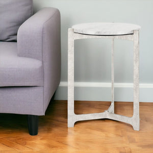 HomeRoots 25" Elegant White Marble Round End Table with Silver Aluminum Cross Legs - Modern Accent Piece 576794