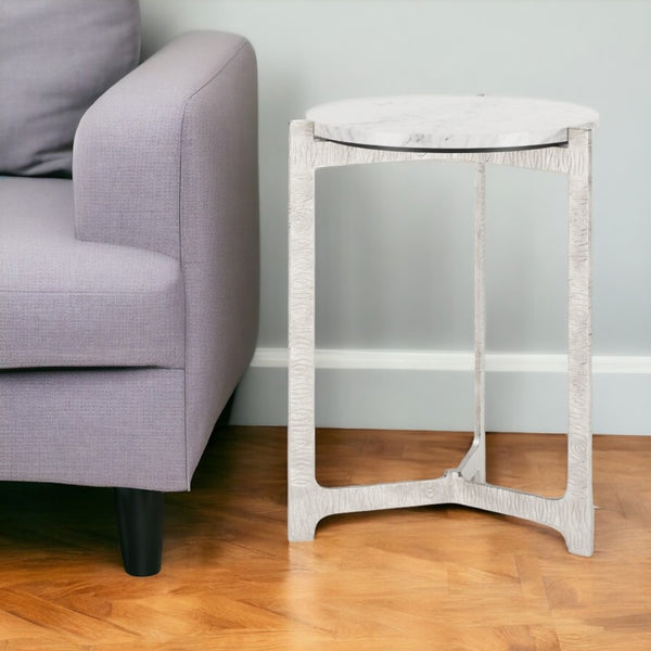 HomeRoots 25" Elegant White Marble Round End Table with Silver Aluminum Cross Legs - Modern Accent Piece 576794