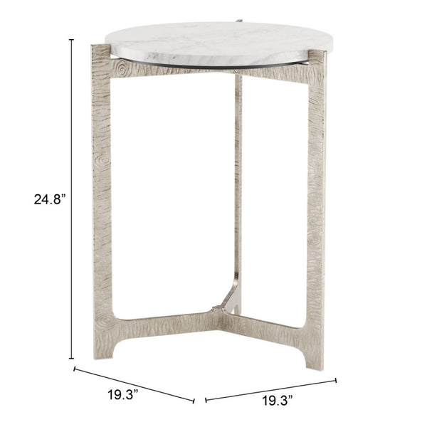 HomeRoots 25" Elegant White Marble Round End Table with Silver Aluminum Cross Legs - Modern Accent Piece 576794