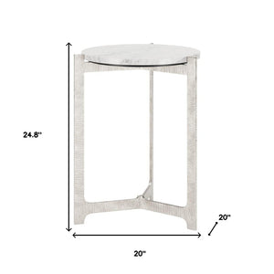 HomeRoots 25" Elegant White Marble Round End Table with Silver Aluminum Cross Legs - Modern Accent Piece 576794