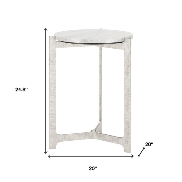 HomeRoots 25" Elegant White Marble Round End Table with Silver Aluminum Cross Legs - Modern Accent Piece 576794