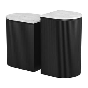 HomeRoots Set of Two Stylish Black and White Oval End Tables with Solid Wood Bases and Marble Tops 576795
