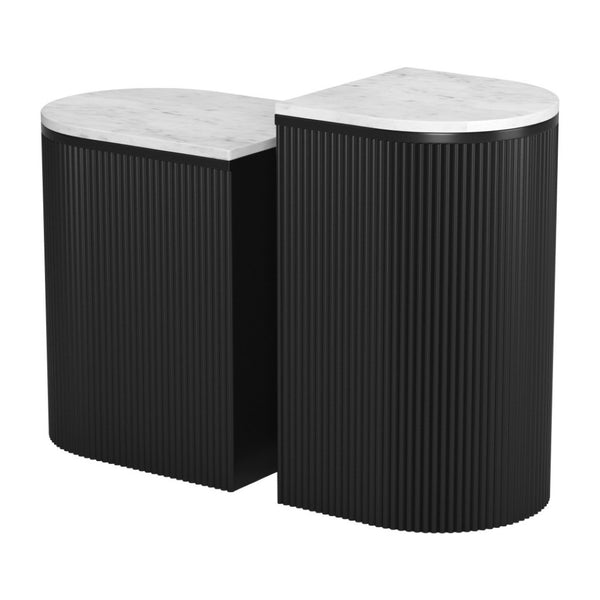 HomeRoots Set of Two Stylish Black and White Oval End Tables with Solid Wood Bases and Marble Tops 576795