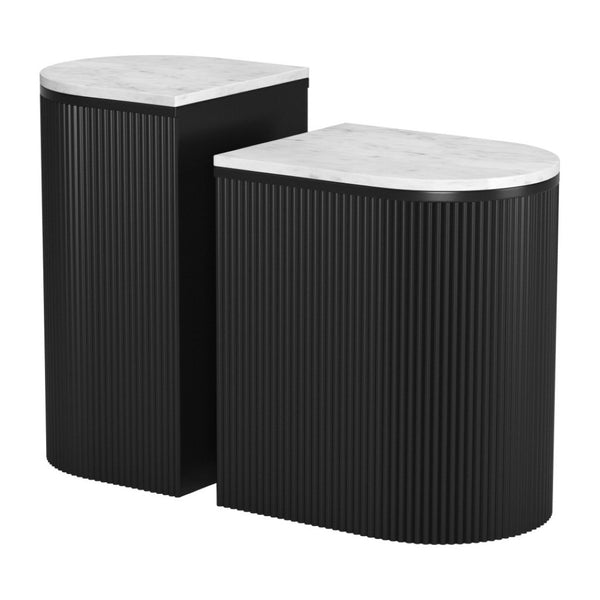 HomeRoots Set of Two Stylish Black and White Oval End Tables with Solid Wood Bases and Marble Tops 576795