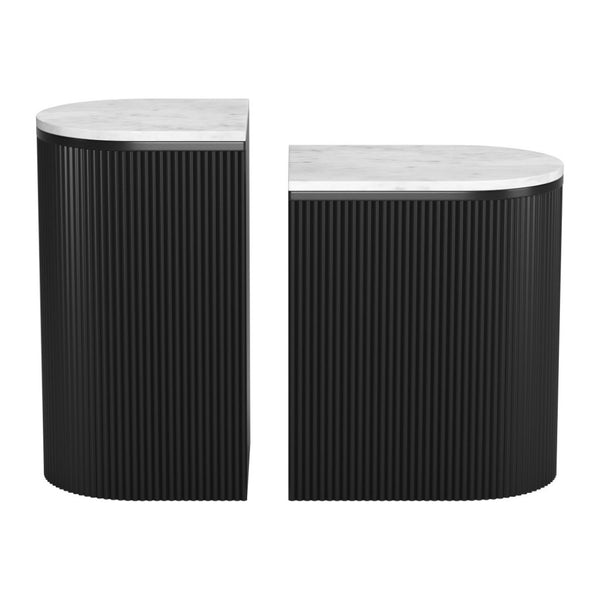 HomeRoots Set of Two Stylish Black and White Oval End Tables with Solid Wood Bases and Marble Tops 576795