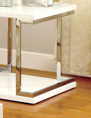 English Elm Contemporary White End Table with Chrome Frame accents, High-Gloss Lacquer Shelf, 23.6" Square, Modern Appeal B011S01029