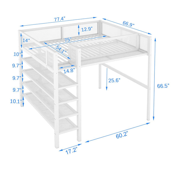 English Elm Full Size Metal Loft Bed with 4-tier Shelving Ladder for Kids or Teen Rooms SF000247AAK