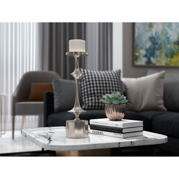 Homeroots 18" Silver Distressed Geometric Metal Tabletop Candle Holder – Chic Accent For Modern Home Decor   576822