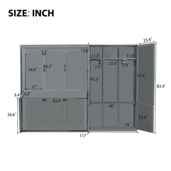 English Elm Queen Murphy Bed with Wardrobe Cabinet Hydraulic Lift Mdf Space Saving Wall Unit Gray LP000581AAE