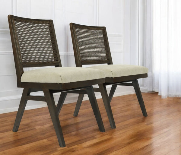 Homeroots Set Of Two Stylish Dark Brown And Gray Wood Cane Dining Chairs With Cushioned Upholstery Comfort   576834