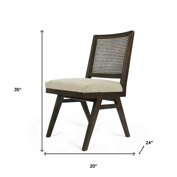 Homeroots Set Of Two Stylish Dark Brown And Gray Wood Cane Dining Chairs With Cushioned Upholstery Comfort   576834