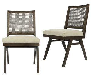 HomeRoots Set of Two Mid-Century Modern Cane Back Dining Chairs – Dark Brown Frame with Gray Upholstered Seats 576834