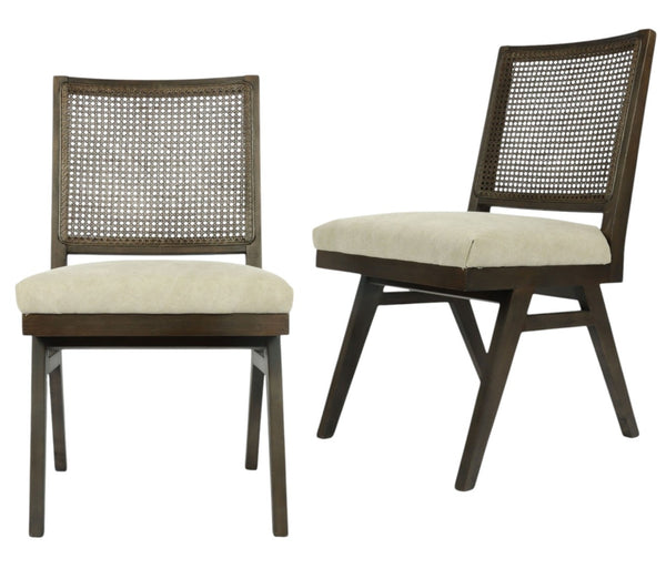 HomeRoots Set of Two Mid-Century Modern Cane Back Dining Chairs – Dark Brown Frame with Gray Upholstered Seats 576834