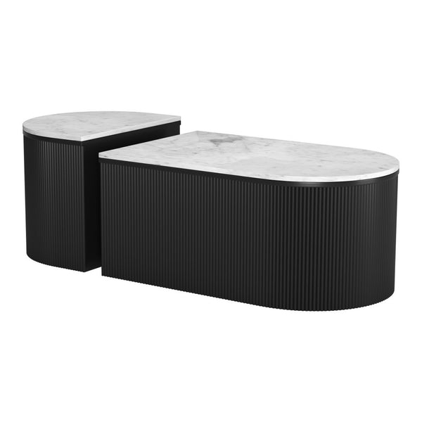 Homeroots Set Of Two Stylish Black & White Faux Marble Oval Drum Coffee Tables For Versatile Home Decor   576838