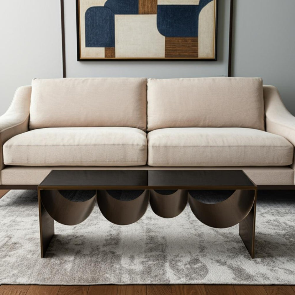HomeRoots 48" Modern Glam Black Glass & Brass Coffee Table with Mirrored Accents for Chic Living Spaces 576839