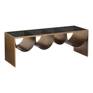 HomeRoots 48" Modern Glam Black Glass & Brass Coffee Table with Mirrored Accents for Chic Living Spaces 576839