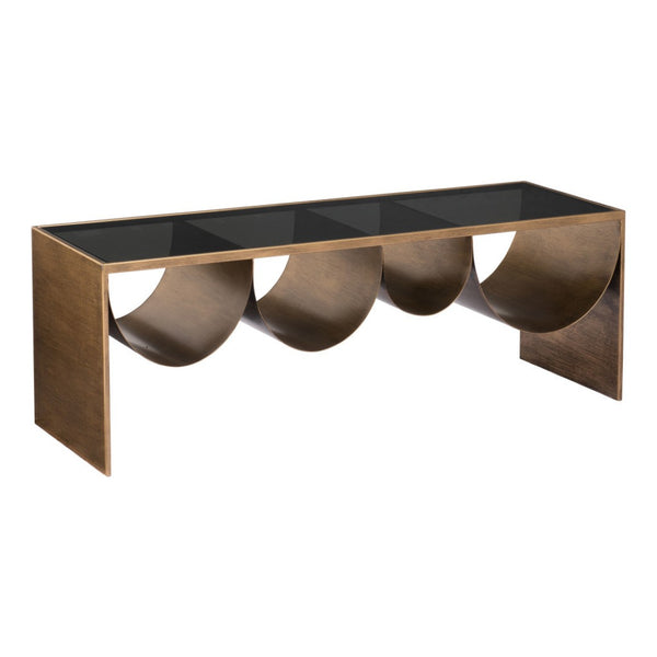 HomeRoots 48" Modern Glam Black Glass & Brass Coffee Table with Mirrored Accents for Chic Living Spaces 576839