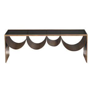 HomeRoots 48" Modern Glam Black Glass & Brass Coffee Table with Mirrored Accents for Chic Living Spaces 576839