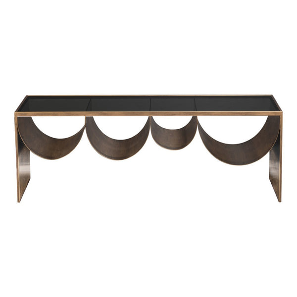 HomeRoots 48" Modern Glam Black Glass & Brass Coffee Table with Mirrored Accents for Chic Living Spaces 576839