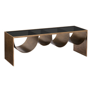 HomeRoots 48" Modern Glam Black Glass & Brass Coffee Table with Mirrored Accents for Chic Living Spaces 576839