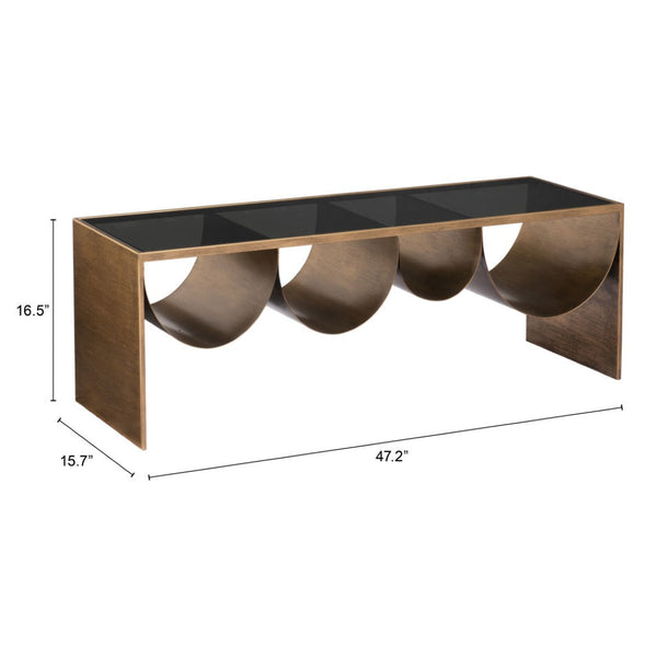 HomeRoots 48" Modern Glam Black Glass & Brass Coffee Table with Mirrored Accents for Chic Living Spaces 576839