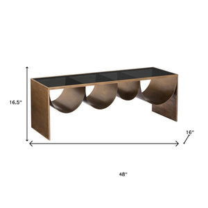 HomeRoots 48" Modern Glam Black Glass & Brass Coffee Table with Mirrored Accents for Chic Living Spaces 576839