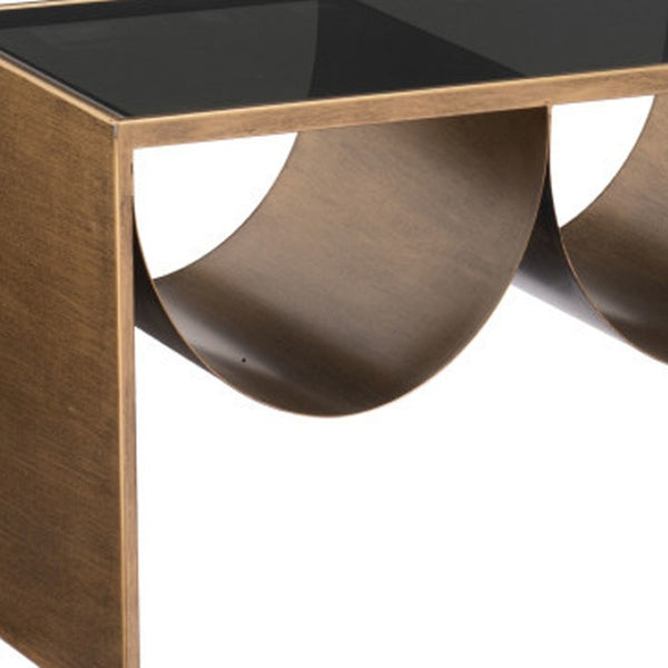 HomeRoots 48" Modern Glam Black Glass & Brass Coffee Table with Mirrored Accents for Chic Living Spaces 576839