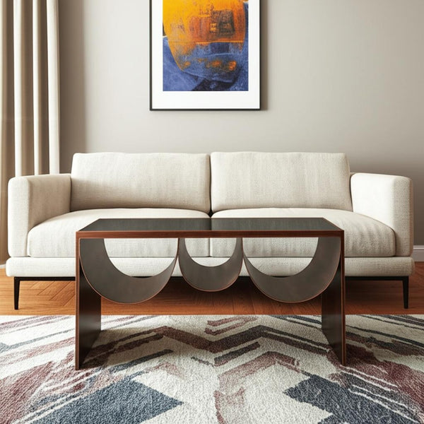 HomeRoots 32" Striking Black and Copper Mirrored Glass Coffee Table for Modern Glam Living Spaces & Offices 576840