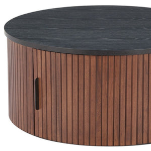 HomeRoots 32" Round Drum Coffee Table in Black & Walnut – Stylish, Modern Accent for Any Living Space! 576841