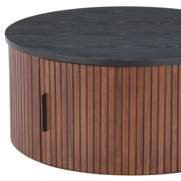 HomeRoots 32" Round Drum Coffee Table in Black & Walnut – Stylish, Modern Accent for Any Living Space! 576841