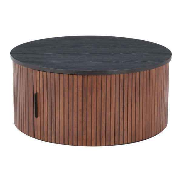HomeRoots 32" Round Drum Coffee Table in Black & Walnut – Stylish, Modern Accent for Any Living Space! 576841