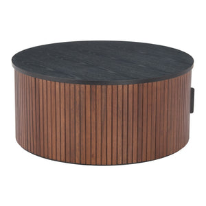 HomeRoots 32" Round Drum Coffee Table in Black & Walnut – Stylish, Modern Accent for Any Living Space! 576841