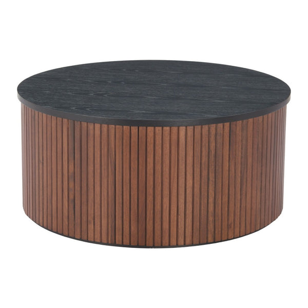 HomeRoots 32" Round Drum Coffee Table in Black & Walnut – Stylish, Modern Accent for Any Living Space! 576841