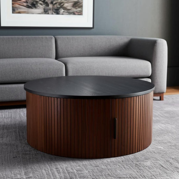 HomeRoots 32" Round Drum Coffee Table in Black & Walnut – Stylish, Modern Accent for Any Living Space! 576841