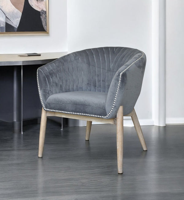 HomeRoots 28" Gray and Brown Velvet Arm Chair - Elegant Modern Accent Seat with Plush Comfort and Nailhead Trim 576848