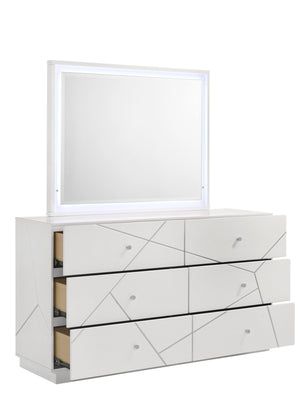 English Elm Manhattan White Dresser with Geometric Lacquer Finish, 6 Smooth-Glide Drawers & Red Velvet Liners G150108682