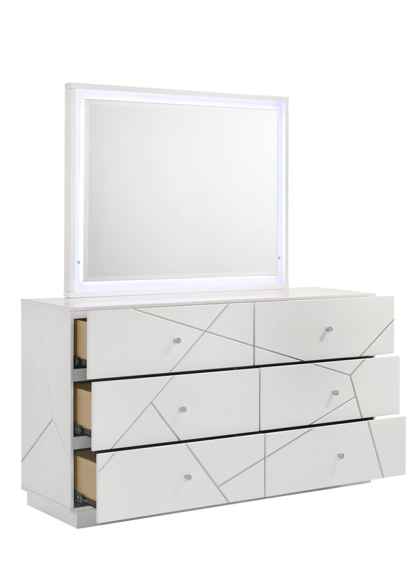 English Elm Manhattan White Dresser with Geometric Lacquer Finish, 6 Smooth-Glide Drawers & Red Velvet Liners G150108682