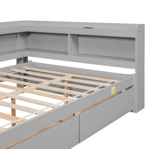 English Elm Full Size L-Shaped Bed With Bookcases, Usb Ports & Drawers - Space-Saving Grey Bedroom Solution W504S00245