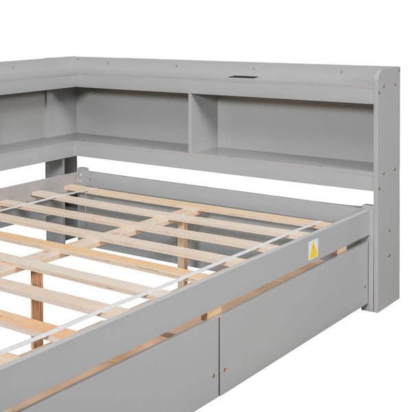 English Elm Full Size L-Shaped Bed With Bookcases, Usb Ports & Drawers - Space-Saving Grey Bedroom Solution W504S00245