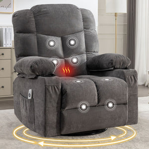 English Elm Massage Rocker Recliner Oversized Chair with Heat Vibration Usb Port and Storage Pockets Grey W1807S00010
