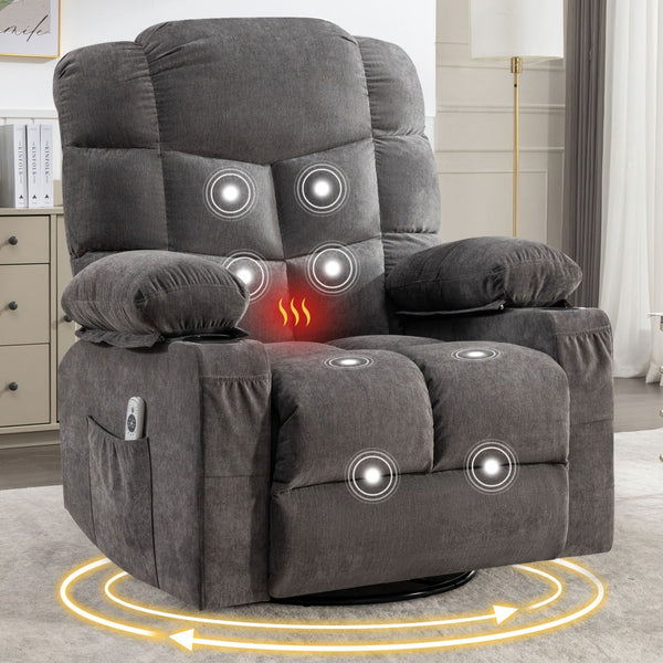 English Elm Massage Rocker Recliner Oversized Chair with Heat Vibration Usb Port and Storage Pockets Grey W1807S00010