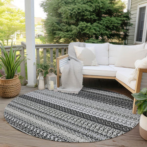 HomeRoots 8' Stylish Black Striped Washable Area Rug for Indoor and Outdoor Use - Durable, Modern, and Versatile 8' Round 576952