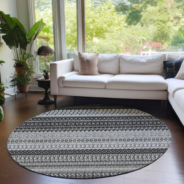 HomeRoots 8' Stylish Black Striped Washable Area Rug for Indoor and Outdoor Use - Durable, Modern, and Versatile 8' Round 576952