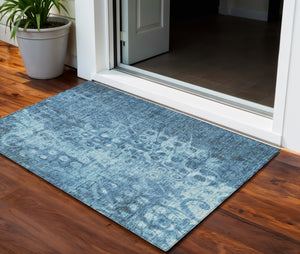 Homeroots 3' Blue Ikat Washable Area Rug - Stylish Indoor Outdoor Design, Stain Resistant, Durable & Versatile 3' X 5' Polyester 576971
