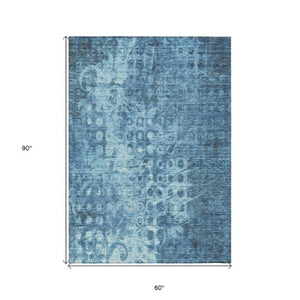 Homeroots 3' Blue Ikat Washable Area Rug - Stylish Indoor Outdoor Design, Stain Resistant, Durable & Versatile 5' X 8' Polyester 576972