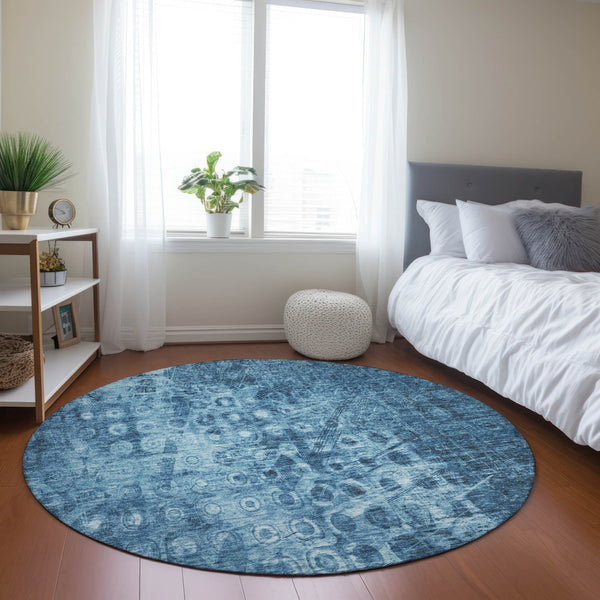 Homeroots 3' Blue Ikat Washable Area Rug - Stylish Indoor Outdoor Design, Stain Resistant, Durable & Versatile 8' Round Polyester 576973