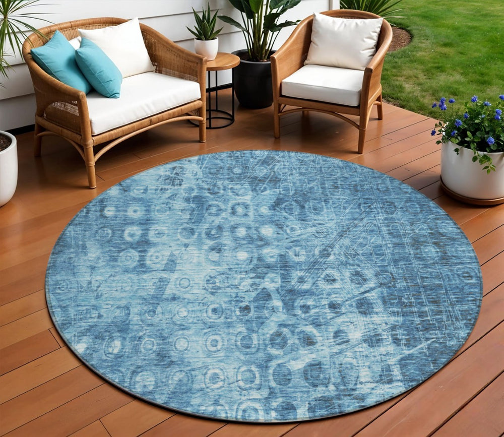 HomeRoots 5' Blue Ikat Area Rug - Stylish, Durable, and Washable for Indoor or Outdoor Living Spaces 8' Round 576973