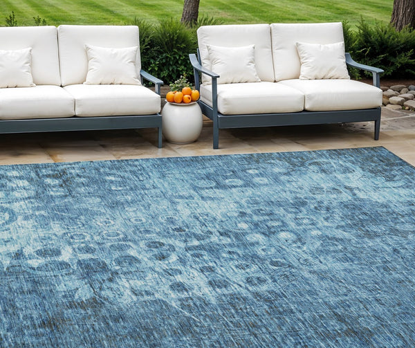 Homeroots 3' Blue Ikat Washable Area Rug - Stylish Indoor Outdoor Design, Stain Resistant, Durable & Versatile 10' X 14' Polyester 576976