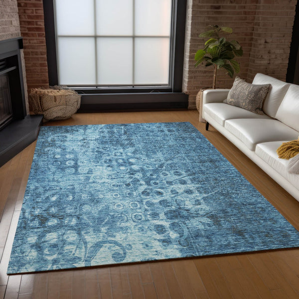 Homeroots 3' Blue Ikat Washable Area Rug - Stylish Indoor Outdoor Design, Stain Resistant, Durable & Versatile 10' X 14' Polyester 576976